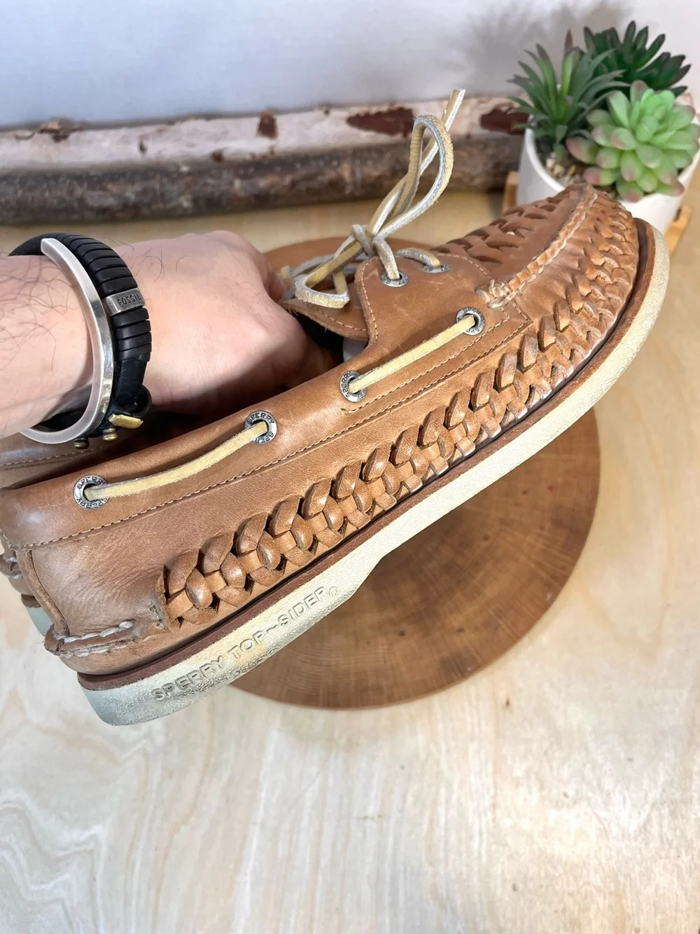 Sperry Gold Cup Tan Woven Leather Boat Shoes Size 9M Minty Clean